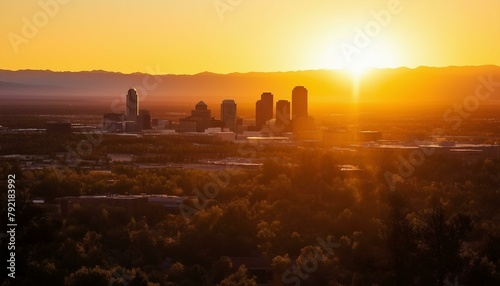 Denver's cityscape gleams in golden hues at sunset. Towering silhouettes punctuate the sky, while trees mirror their glow on buildings.