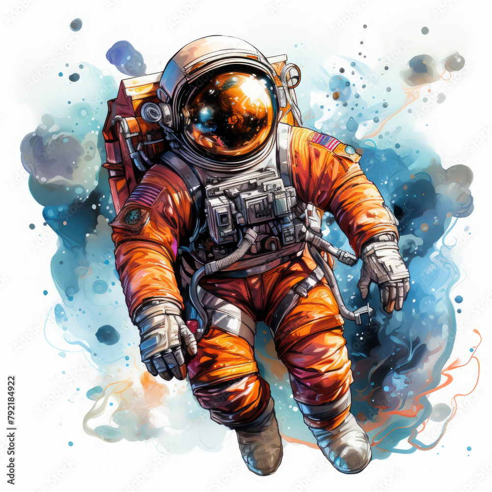 Fototapeta premium Watercolor Astronaut floating in space, clipart Illustration, Generative Ai