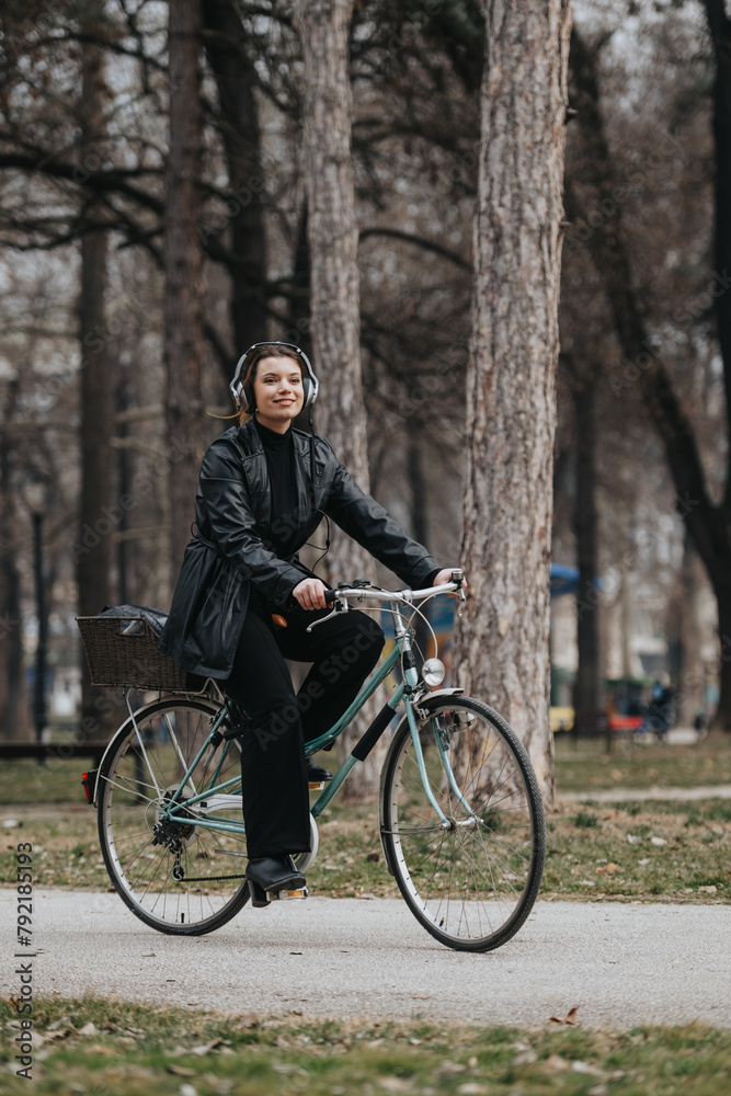 Confident female professional riding a bicycle with headphones in an urban park setting, exemplifying eco-friendly commute.