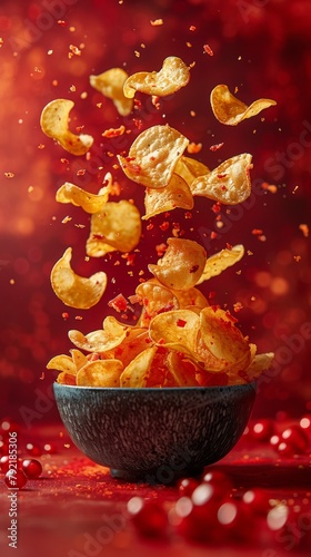 Crispy delicious potato chips on a  red colored background falling through the air. 