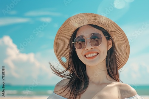 A beautiful Asian woman with sunglasses and a hat smiling against a blue sky background on a beach with space to copy text advertising a summer vacation. © KAYU