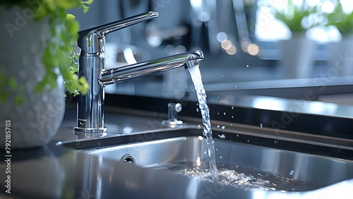 Preventing Water Waste by Fixing Kitchen Sink Faucet for Improved Plumbing. Concept Plumbing Maintenance, Water Conservation, Kitchen Sink Repair, Sustainable Living