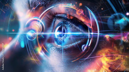 A human eye with futuristic digital overlays, symbolizing advanced technology and vision. © Ritthichai