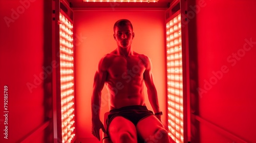 Man Sitting In Red Light Therapy Room (Generative AI)