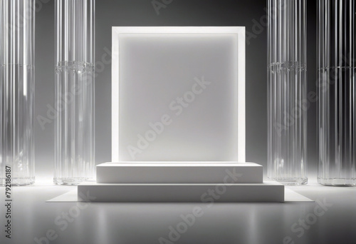 'White background block clear glass stone podium light theme. 3D illustration rendering.' photo