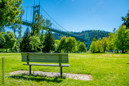 Empty Lonely Bench in Cathedral Park on Sunny Day in Portland, OR