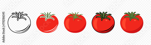 Flat Vector Fresh Tomato Icon Set Isolated. Whole Tomato Design Template. Organic Tomato, Front View