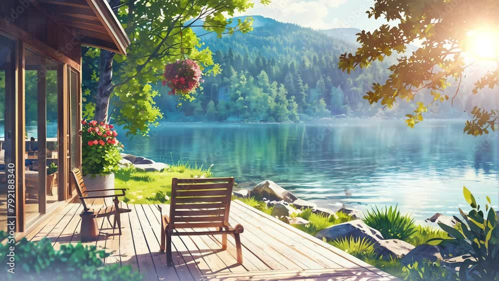 Magnificent views by the lake with beautiful reflections of the mountains. at a resort 4k looping video