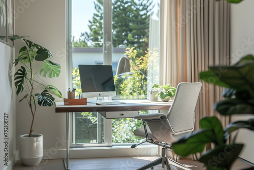 A serene home office with a sleek desk and a comfortable chair, bathed in natural light from a large window.