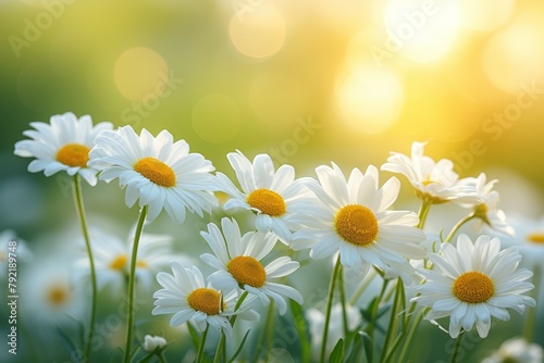 Chamomiles or daisies bloom in a field. Background with selective focus and copy space