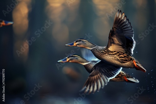 Two ducks flying in the sky with one of them having a black head photo