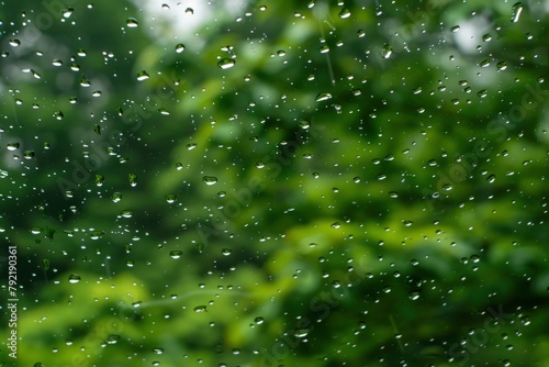 Raindrops hit the glass. with a blurry background of green forest - generative ai © Nia™