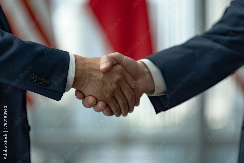 Two men shaking hands in front of a red and white flag. Concept of US-China negotiations Two men shaking hands in front of a red and white flag. Concept of US-China negotiations