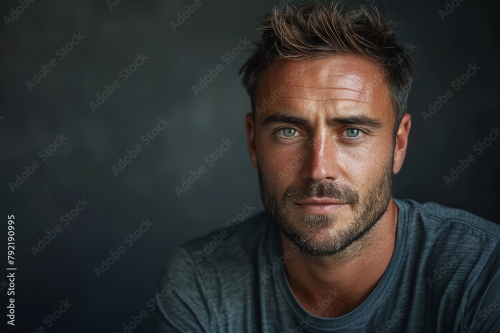 A man with a beard and a blue shirt is looking at the camera