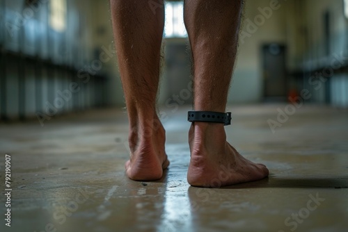 A man is standing barefoot in a room with a black wristband on his left wrist. Electronic bracelet for criminals