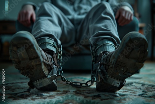 A man is chained to a chair with his feet chained to the floor. Particularly dangerous criminal concept