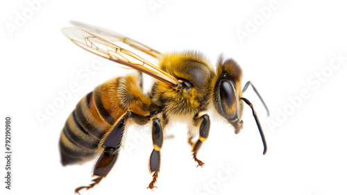 Close-up of a honeybee isolated on white, showing detailed wings and fuzzy body. © Ritthichai