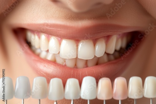 A woman's teeth are shown in a row. Concept of cleanliness and dental hygiene. Whitening and tone matching