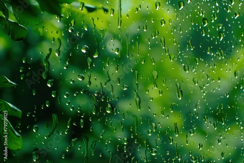 Raindrops hit the glass. with a blurry background of green forest - generative ai