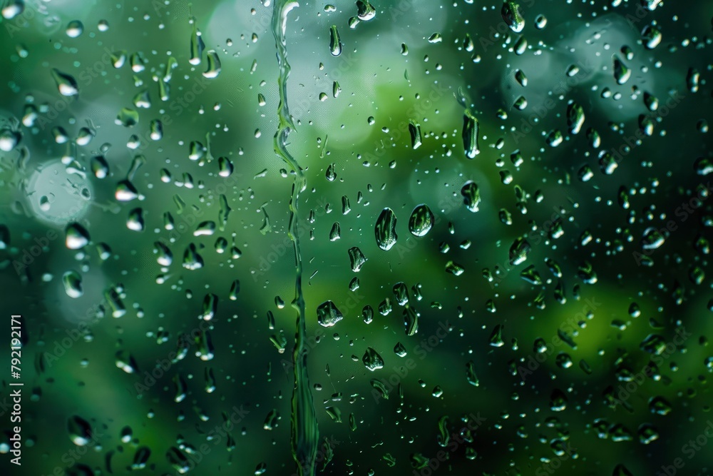 Raindrops hit the glass. with a blurry background of green forest - generative ai Raindrops hit the glass. with a blurry background of green forest - generative ai