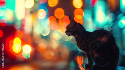 As darkness falls the city lights up with a neon display of fashion and style. Defocused streaks of color from the signs blur together creating a backdrop for a stray cat to strut . photo