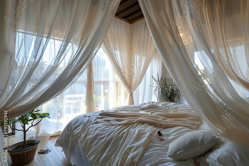 A tranquil bedroom with a canopy bed draped in sheer fabric, creating a dreamy and ethereal atmosphere.