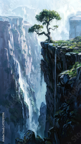 Tree on the top of a cliff face, misty vast fantasy world, otherworldly fantasy landscape, waterfall into the chasm © John