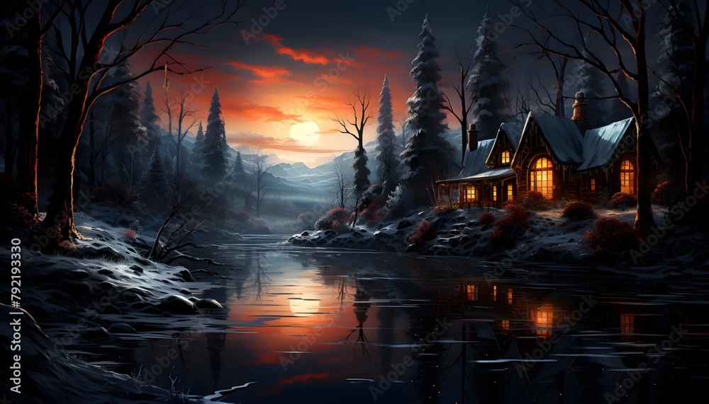 Beautiful winter landscape with a house in the middle of the river