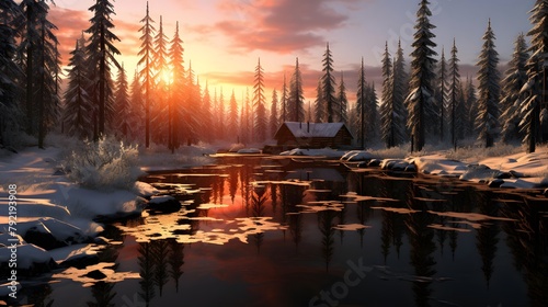 Fantastic winter landscape with a wooden house on the shore of a mountain river in the rays of the setting sun