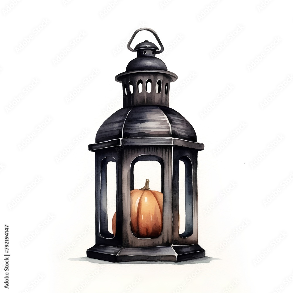 Halloween lantern with pumpkin. Watercolor illustration isolated on white background
