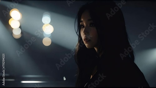 Visual a full length singer always looking at the camera highlighting her mysterious and reflective expression The background is dark with only h seamless loop animation photo