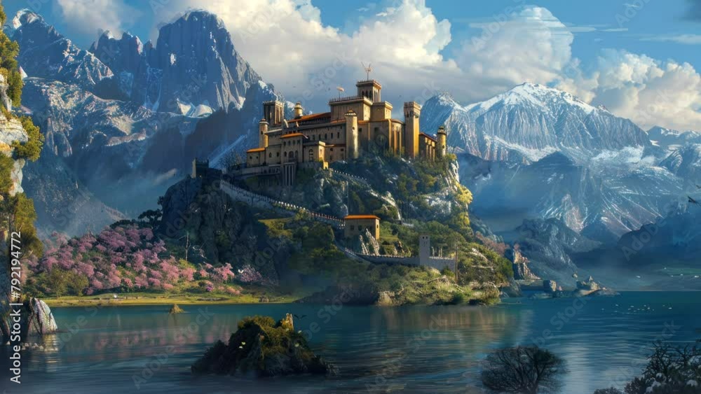 Timeless Beauty: Captivating Views of a Medieval Castle on the Riverside. Seamless looping time-lapse virtual 4k video animation background Timeless Beauty: Captivating Views of a Medieval Castle on the Riverside. Seamless looping time-lapse virtual 4k video animation background