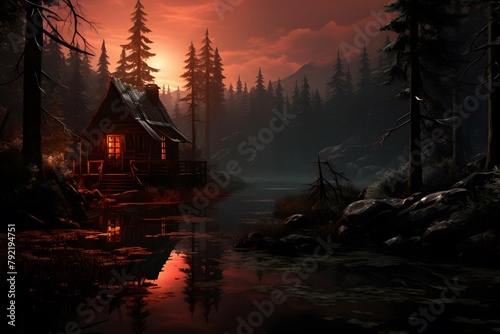 Fantastic winter landscape with a wooden house in the middle of the forest at sunset