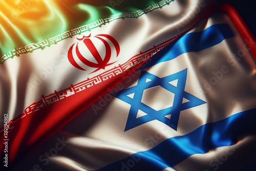 A flag of Iran and Israel is shown with a blue star in the middle. The concept of the Iran-Israeli confrontation