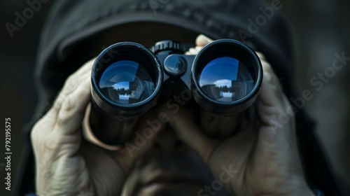 A person looking through binoculars symbolizing the constant surveillance and monitoring involved in intelligence gathering. .