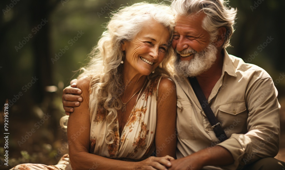 Obraz premium A beautiful happy elderly couple sitting in the woods holding hands. A white woman hugs her smiling husband. An elderly couple who enjoy freedom of vacation and nature hiking on a sunny day