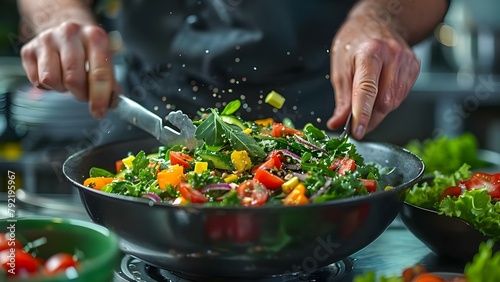 Crafting a Vibrant Gourmet Salad with Fresh Organic Ingredients in a Professional Kitchen. Concept Gourmet Salads, Fresh Organic Ingredients, Professional Kitchen, Vibrant Presentation