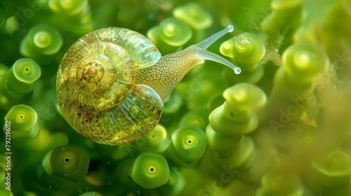 A microscopic view of a freshwater snail with its intricate shell and tentaclelike eyes slowly gliding over a patch of verdant green