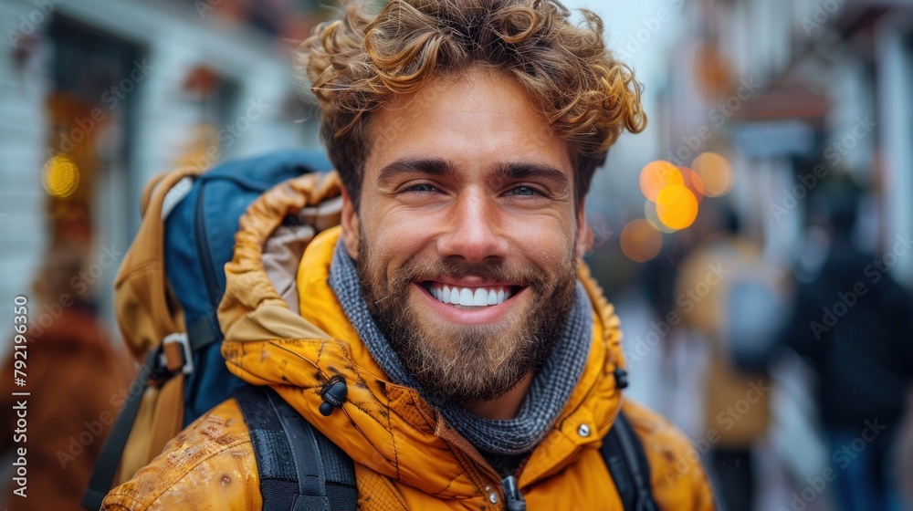Man With Curly Hair Wearing Backpack