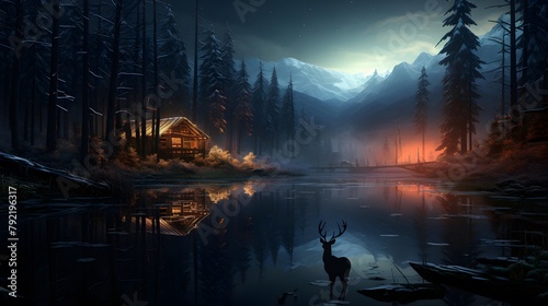Foggy forest lake at night, panoramic view. © Iman