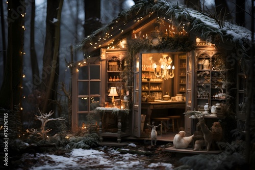 Christmas nativity scene in a snowy forest at night. Christmas scene. photo