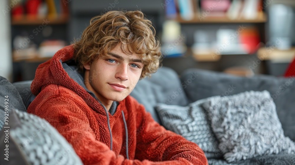 Young Man Sitting on Top of a Couch Young Man Sitting on Top of a Couch