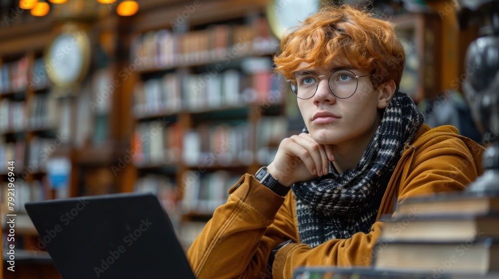 Obraz premium Red-Haired Man With Glasses Working on Laptop