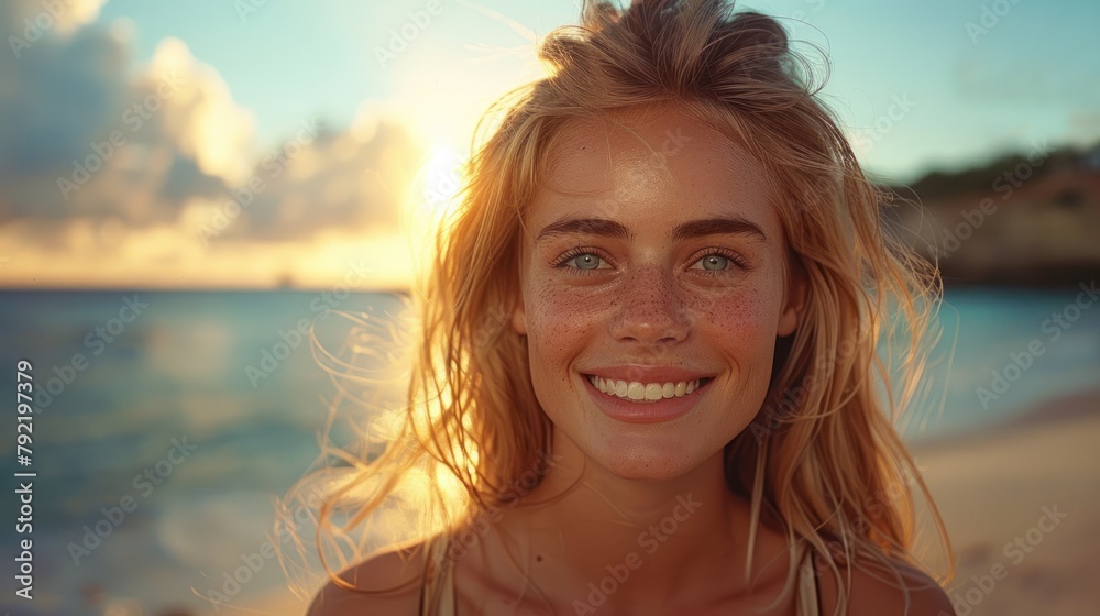 Woman Standing on Beach at Sunset