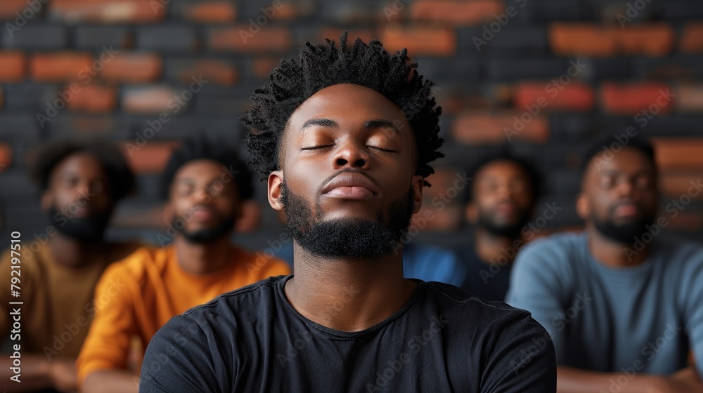 Men Sitting in a Row With Eyes Closed