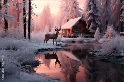 Winter landscape with a deer in the forest and a lake at sunset photo