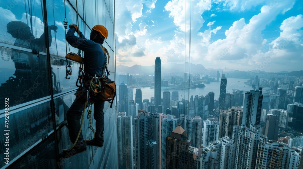A window cleaner suspended on a harness, cleaning tall building windows against a city skyline A window cleaner suspended on a harness, cleaning tall building windows against a city skyline