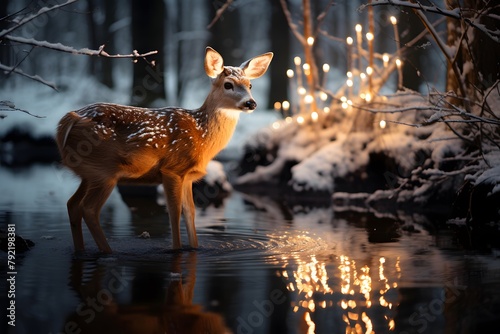 Fawn in a winter forest with lights reflected in the water.