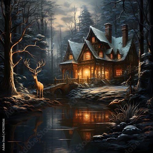 Digital painting of a winter cottage with deer in the middle of a river