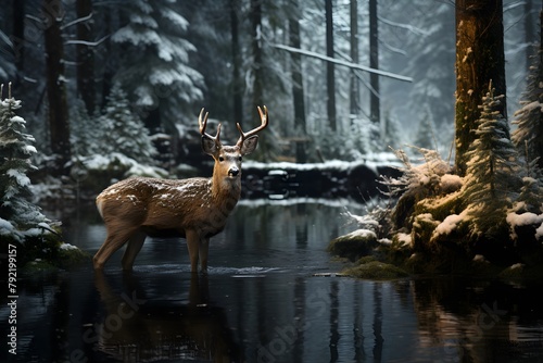 Deer in the forest at night. Panoramic image.